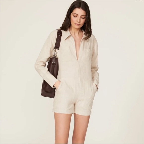Rivet Utility Linen Romper/Oatmeal Line Beige/long sleeve/ Pocket Front - Picture 1 of 14